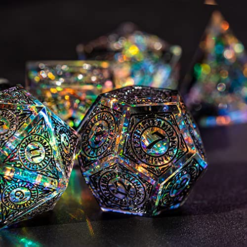Cusdie Sharp Edges Dice DND, 7 PCs D&D Dice, Handcrafted Polyhedral Dice Set, for Role Playing Game (Black Pattern) - color: Black Pattern-transparent Black