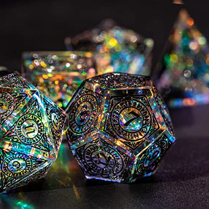 Cusdie Sharp Edges Dice DND, 7 PCs D&D Dice, Handcrafted Polyhedral Dice Set, for Role Playing Game (Black Pattern) - color: Black Pattern-transparent Black