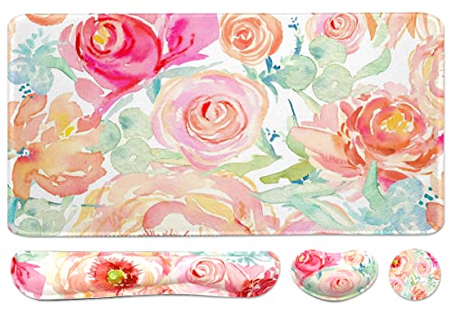 Large Mouse Pad Set, Cute Extended Mouse Pad+Keyboard Wrist Rest Support Desk Pad Memory Foam Ergonomic Easy Typing, 35.4×15.7 in Desk Mat Set for Home Office Study Game - Flowers - color: Flowers