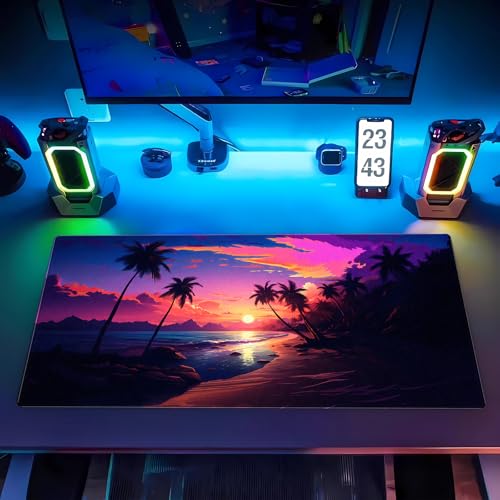 Beach Sunset Desk Mat, Synthwave XXL Large Gaming Mouse Pad | Aesthetic tropical neon desk pad with comfortable 3mm cushion, smooth fabric top, and non-slip natural rubber base. - color: Sunset Beach