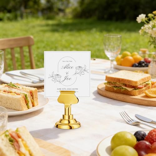 Urban Deco 16 Pieces Table Card Holder Place Card Holders 1.7 inches Gold Steel Card Holders for Photos, Food Signs, Memo Notes, Weddings, Restaurants, Birthdays. (Gold) - color: Gold