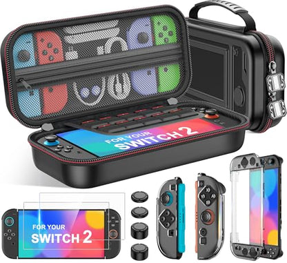 Switch 2 Case for Nintendo Switch 2 (2025)/Switch/OLED, 4-in-1 Bundle Kits for Switch 2, 3X Transparent Protective Cover+2X Screen Protectors+4X Thumb Caps, Accessories Set with Switch 2 Carrying Case - size: 4 in 1 Bundle Kit-Black