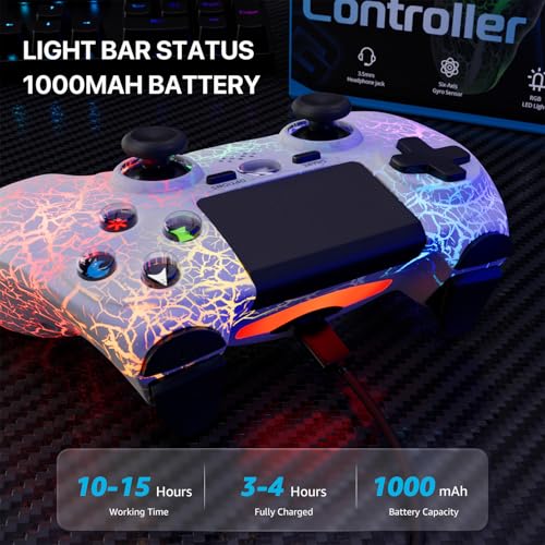 ISHAKO Controller for PS4, Wireless for Playstation 4/PS3/PC/iOS/Android, Wireless PC Game Controller with RGB Lights, Dual Vibration, 6-Axis Gyro, 1000mAh Battery - White Controller