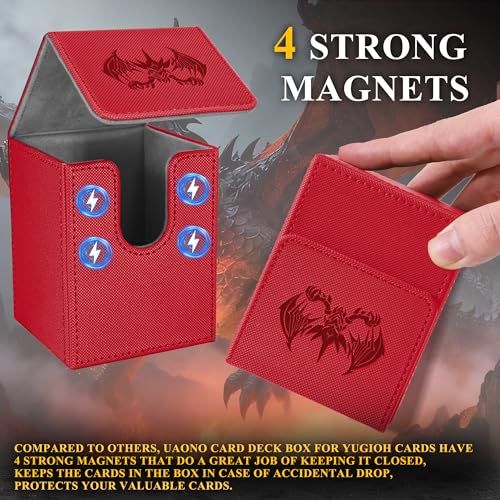 UAONO Card Deck Box for Yugioh MTG Cards, 100+ Deck Case with 2 Dividers Fits TCG CCG, PU Leather Card Storage Box Compatible with Collectible Trading Cards (Red, Extinction Dragon) - color: B-Red