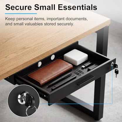 Menkxi 22'' x 14'' Under Desk Drawer Slide Out Storage Organizer, Lockable Metal Desk Drawer for Laptop and Office Accessories, Large Hidden Under Table Storage Box with Cable Management, Black - size: 22'' x 14''