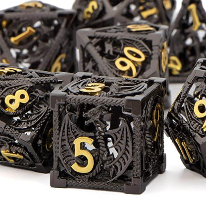 KERWELLSI Hollow DND Dice Set D&D with Gifts Box, 7pcs Polyhedral Metal D and D Dice for Role Playing Game, Dungeon Dragon Dice D20 D12 D10 D8 D6 D4 (Black) - color: Black