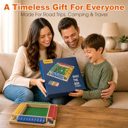 Shut the Box Game, 8.7" Portable Wooden Board Game with Upgraded Mechanics (+, −, +/−, Re-Roll), Math Dice Game for Kids, 2–4 Players, for Classroom, Travel & On-the-Go Play