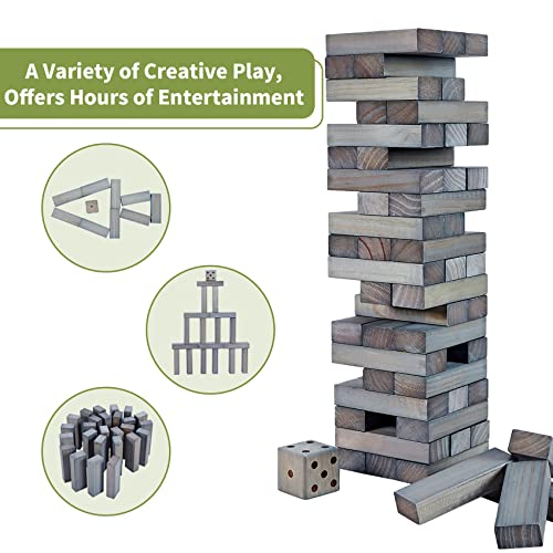 ApudArmis Giant Tumble Tower (Stack from 2Ft to Over 4.2Ft), 54 PCS Pine Wooden Stacking Timber Game with 1 Dice Set - Classic Block Giant Outdoor Game for Teens Adults Family (Gray) | Eco-safe natural pine. Smooth & anti-crack. Includes dice & carry bag.
