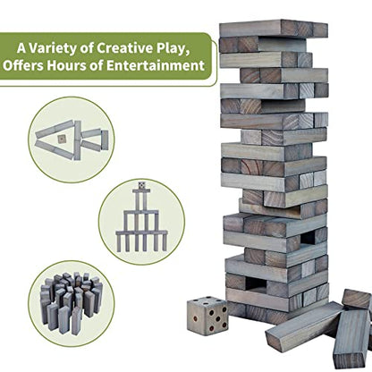 ApudArmis Giant Tumble Tower (Stack from 2Ft to Over 4.2Ft), 54 PCS Pine Wooden Stacking Timber Game with 1 Dice Set - Classic Block Giant Outdoor Game for Teens Adults Family (Gray) | Eco-safe natural pine. Smooth & anti-crack. Includes dice & carry bag.