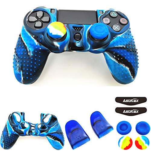 Silicone Skin Cover for Ps4 Controller (1pc Anti-Slip Case, 1 Pair L2 R2 Trigger Extender, 4pcs Thumb Grips,4pcs LED Light Bar Decal) Protector for DualShock PS4/ Slim/Pro Controller (Blue granular) - color: Blue granular