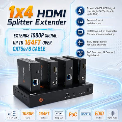 J-Tech Digital 1080P 60Hz HDMI Extender Splitter Over Single Cat5e/6 Ethernet Cable 1 in 4 Out Up to 164ft. Features Local HDMI Loop-Out, PoC, IR Control, Audio EDID Switch - size: 1x4