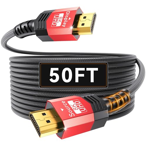 Fiber Optic HDMI 2.1 Cable 50FT,48Gbps Ultra High Speed Braided Uni-Directional Cord-8K@60Hz 4K@120Hz/144Hz HDCP 2.2&2.3 eARC DTS:X HDR10 VRR Compatible for RTX 5090/PS5/Xbox X/S/TV etc - size: 50 ft
