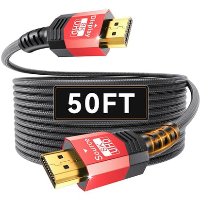 Fiber Optic HDMI 2.1 Cable 50FT,48Gbps Ultra High Speed Braided Uni-Directional Cord-8K@60Hz 4K@120Hz/144Hz HDCP 2.2&2.3 eARC DTS:X HDR10 VRR Compatible for RTX 5090/PS5/Xbox X/S/TV etc - size: 50 ft