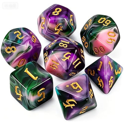 QMAY DND Dice Set -D&D Polyhedral Dice (7 Pcs) for Dungeons and Dragons (Purple Green Four Colors) - color: Purple Green Four Colors