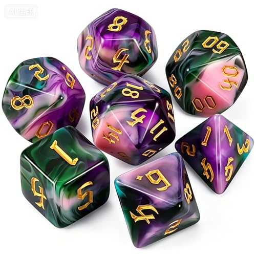 QMAY DND Dice Set -D&D Polyhedral Dice (7 Pcs) for Dungeons and Dragons (Purple Green Four Colors) - color: Purple Green Four Colors