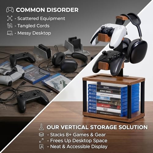 Solid Wood Headphone Stand & Controller Holder with Video Game Storage Base | 4-in-1 Gaming Equipment Accessories for Xbox one/PS5/PS4 Controller - Save Desk Space for Gamer Room and Decor Gift for Men