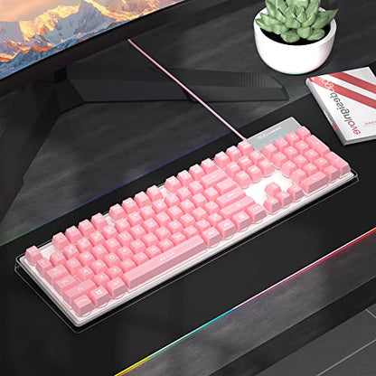 MageGee Gaming Keyboard, 7 Solid Colors Backlit Wired Gaming Keyboard with Clear Housing and Double-Shot Keycaps, K1 Waterproof Ergonomic 104 Keys Light Up Keyboard for PC Desktop Laptop, Pink