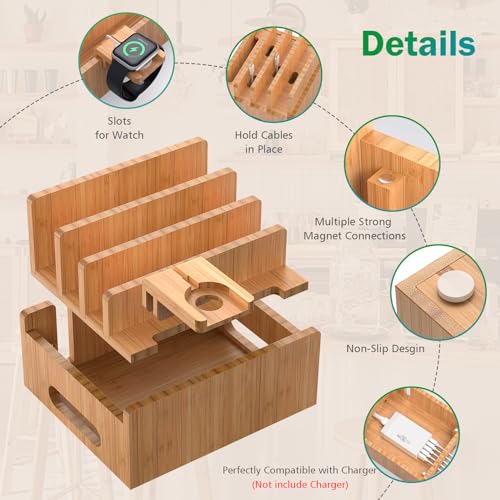 Pezin & Hulin Cell Phone Charging Stations, Bamboo Dock Organizer for Multi Devices, Tablets, Smart Watch, with Pack 5 Cables, No Power Charger Supply - color: Dock Rack +Cables