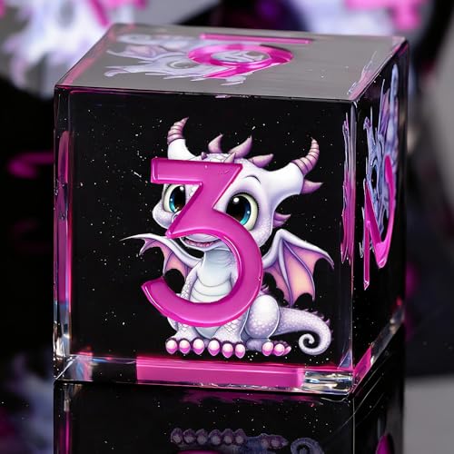 Dragon Pattern Double Layered Starry Sky Black Resin DND Dice Set, d4 d6 d8 10 d12 d20 7Pcs Sharp Edge D&D Dice for RPG MTG D and D Role Playing Desktop Games - color: Pink