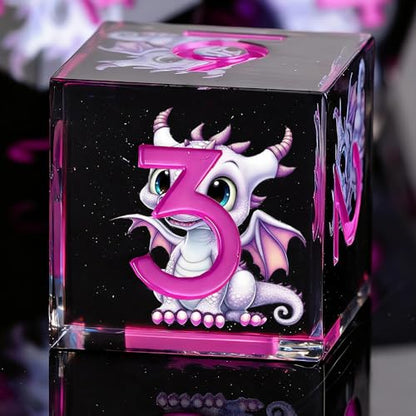 Dragon Pattern Double Layered Starry Sky Black Resin DND Dice Set, d4 d6 d8 10 d12 d20 7Pcs Sharp Edge D&D Dice for RPG MTG D and D Role Playing Desktop Games - color: Pink