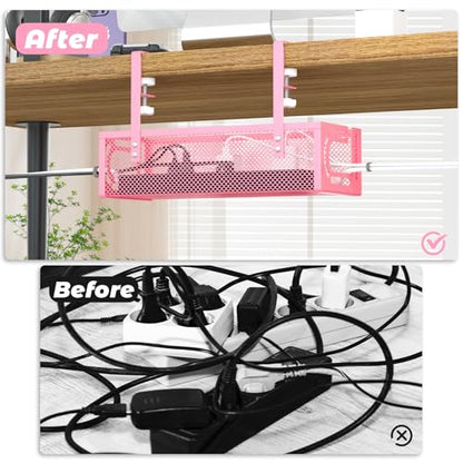 Under Desk Cable Management Tray, 15.7'' No Drill Steel Desk Cable Organizers, Wire Management Tray Cable Management Rack (2 Pack-Pink) - color: 2 Packs-15.7"-Pink