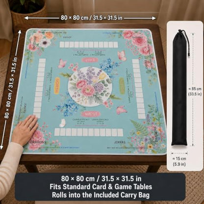 Blue Mahjong Mat for Table with Rules, 31.5" x 31.5", Anti-Slip | Neoprene Rubber Game Mat with Carrying Bag; Chinoiserie Mah Jong Table Cover for Board, Poker, Card Games and Gifts for Women - color: Blue
