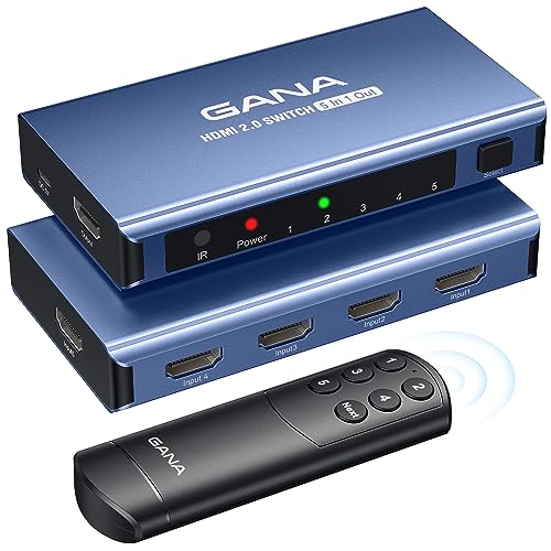 HDMI Switch 5 in 1 Out 4K@60Hz, GANA HDMI Splitter Switcher with Remote, Aluminum HDMI 2.0 Switch Box Hub for 3D, HDCP2.2, HDR, Compatible with Xbox, PS5/4/3,Fire Stick,Roku,Blu-Ray Player, Blue - color: Blue