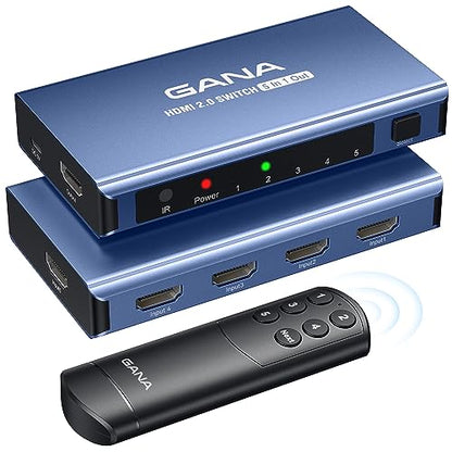 HDMI Switch 5 in 1 Out 4K@60Hz, GANA HDMI Splitter Switcher with Remote, Aluminum HDMI 2.0 Switch Box Hub for 3D, HDCP2.2, HDR, Compatible with Xbox, PS5/4/3,Fire Stick,Roku,Blu-Ray Player, Blue - color: Blue