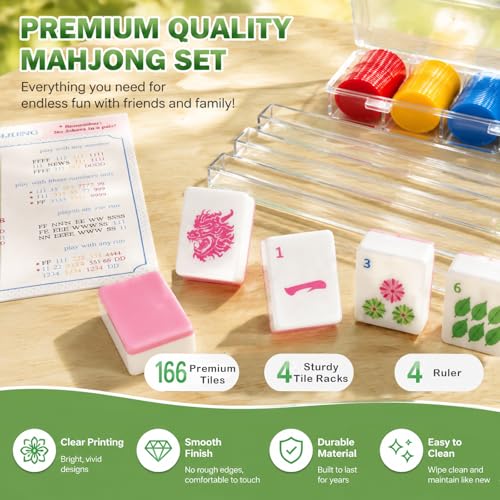 American Mahjong Game Set,Mahjong Set,Complete Mahjong Tile Set with 166 White Tiles (1.2’’),4 Tile rulers,4 dice,1 Bag,100 Chips,5 Instruction Manuals,Mahjong Game Gift for Enthusiasts