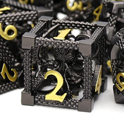 DND Dice Set,3D Octopus Hollow Metal 7-Die,Black | Lightweight Copper Dice,Easy-to-Read Numbers,Gift Box & Velvet Bag for DND RPG Players - color: Cthulhu Black