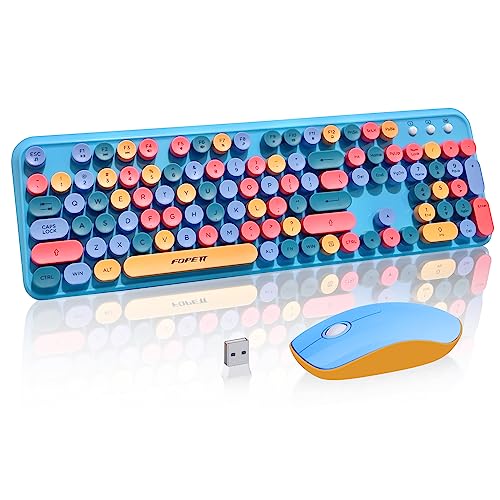 FOPETT Wireless Keyboard and Mouse Combo, 105 Keys Full-Sized 2.4 GHz Round Keycap Colorful Keyboards, USB Receiver Plug and Play, for Windows, Mac, PC, Laptop, Desktop (Blue Colorful) - color: Blue colorful