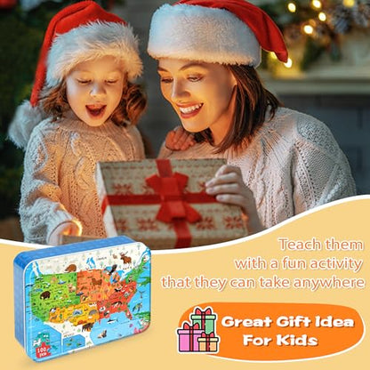 LELEMON Puzzles for Kids Ages 4-6,Animal Map 100 Piece Puzzles for Kids Ages 4-8 in a Metal Box, Educational Jigsaw Puzzles 100 Piece Puzzle Games Puzzle Toys for Girls and Boys - color: Animal Map
