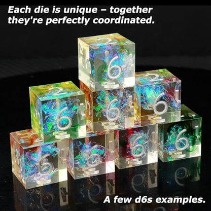 Haxtec Galaxy DND Dice Set Sharp Edge Resin Polyhedral Dice, Holographic Style D&D Dice with Metal Case, Handmade Irridescent Mylar Inside Dice Set for Dungeons and Dragons TTRPG, DND Gift - color: Rainbow