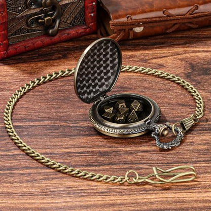 DragonSword D&D Dice Set with Pocket Watch Case, 7PCS Metal Dice Set for DND, Mini Dice with Gifts Case, Role Playing Board Games Accessories Gifts (Gold) - color: Gold