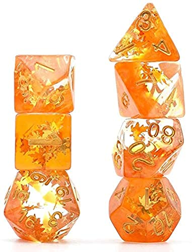Cusdie 7-Piece Dice Set - Resin DND Dice with Yellow Leaf-Shaped Gold Foil Design, Perfect for Board Game Enthusiasts, Gifts, and Collectors(Fall Dice) - color: Fall Dice
