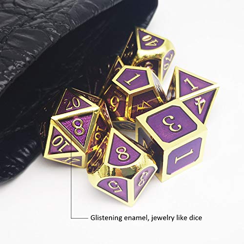 Haxtec Metal DND Dice Set, 7 Pcs Purple Polyhedral Dice for Table Games | Gold Edge D&D Dice with Leather Bag, Compatible with Dungeons and Dragons, Enamel Heavy Metallic, Gifts for TTRPG Players - color: Gold Purple