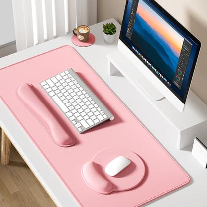 Dapesuom Large Gaming Mouse Pad, Pink Mouse Pads with Wrist Rest Wrist Support, 4in1 Big XXL Desk Mat Desk Pad + Ergonomic Mousepad + Memory Foam Keyboard Mat Wrist Rest + Coaster Set for Computer - color: Pink