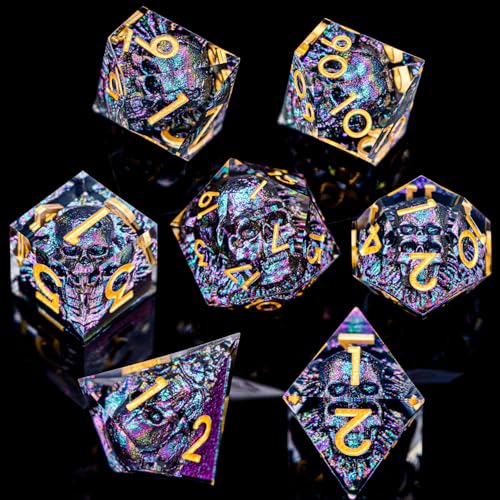 DND Skull Dice Set 7PCS Necromancer Polyhedral Dice for Dungeons Dragons RPG Role Playing Game, Resin Sharp Edged D and D Dice with Gift Box D6 D8 D10 D12 D20 (Purple Green) - color: Purple Green&gold