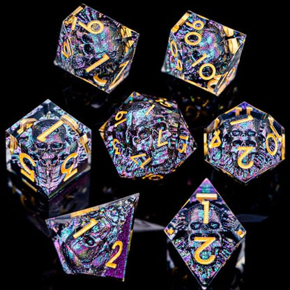 DND Skull Dice Set 7PCS Necromancer Polyhedral Dice for Dungeons Dragons RPG Role Playing Game, Resin Sharp Edged D and D Dice with Gift Box D6 D8 D10 D12 D20 (Purple Green) - color: Purple Green&gold