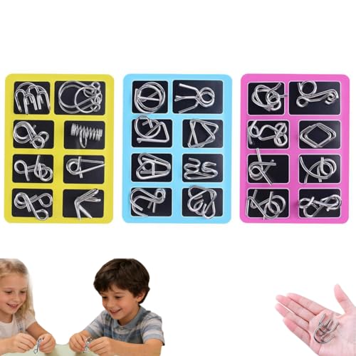 Metal Puzzle Solving,8/16/24/40Pcs 3D Interlocking Metal Wire Puzzles Set for Adults,Brain Teaser Puzzles IQ Logic Mind Games,Reverse Thinking Physics Mind Games for Party - color: 3 Set