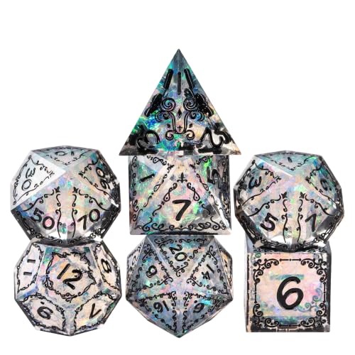 Cusdie 7-Piece Sharp Edges DND Dice Set with Sprout Design - Perfect for Tabletop RPGs Board Games Gifting and Collecting(Sprout Transparent Black) - color: Sprout-transparent