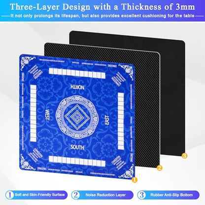 Thick Mahjong Mat 32.68"x32.68", Noise-Reducing Anti-Slip Waterproof & Durable Table Cover with Carrying Bag for Mahjong, Poker, Card Games, Board Games, Dominoes - Blue - color: Blue