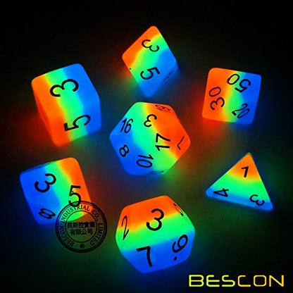 Bescon Glowing Polyhedral Dice 7pcs Set French KISS, Luminous RPG Dice Glow in Dark, DND Role Playing Game Dice - color: French Kiss