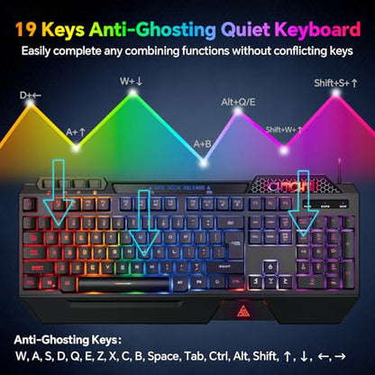 CHONCHOW Gaming Keyboard and Mouse Combo, Wired RGB Set for PC PS4 PS5 Xbox | Phone Holder, Ergo Wrist Rest, Full Size, Anti-Ghosting, USB Silent Light Up Keyboard, 7D 7200DPI Gaming Mouse, Mouse Pad