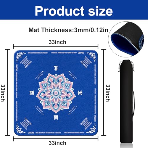 GreenD Mahjong Mat for Table 31.5"x31.5" Rubber American Mahjong Mat with Rules, Non Slip Noise Reduction Game Table Cover with Dice and Bag for Mahjong, Poker, Board, Card, Tile Games（Blue ）