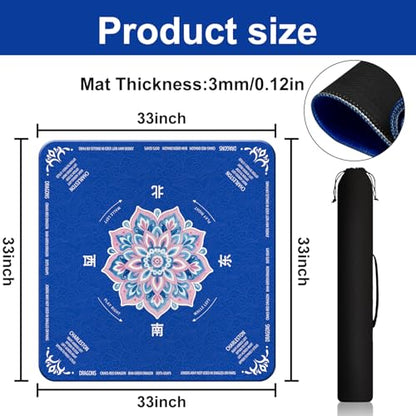GreenD Mahjong Mat for Table 31.5"x31.5" Rubber American Mahjong Mat with Rules, Non Slip Noise Reduction Game Table Cover with Dice and Bag for Mahjong, Poker, Board, Card, Tile Games（Blue ）