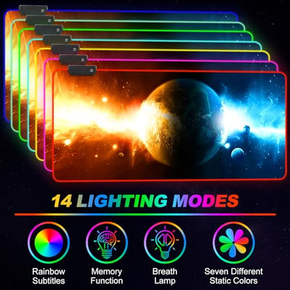 RGB Gaming Mouse Pad Large, Extended LED Mouse Mat XXL 35.4x15.7 inch, 14 Lighting Modes, 2 Brightness, Non-Slip Rubber Base Mousepad Waterproof Keyboard Mat,Universe Space Starry Sky - color: Universe Space Starry Sky