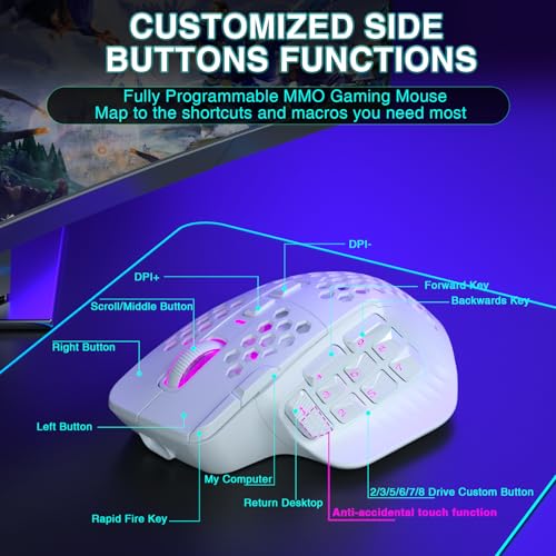 SOLAKAKA SM809 Pro Gaming Mouse with 9 Side Buttons,24000 DPI RGB Mouse for Gamer,16 Programmable Macros MMO Mouse (Wireless, 1-white2) - color: 1-white2