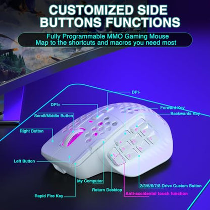 SOLAKAKA SM809 Pro Gaming Mouse with 9 Side Buttons,24000 DPI RGB Mouse for Gamer,16 Programmable Macros MMO Mouse (Wireless, 1-white2) - color: 1-white2