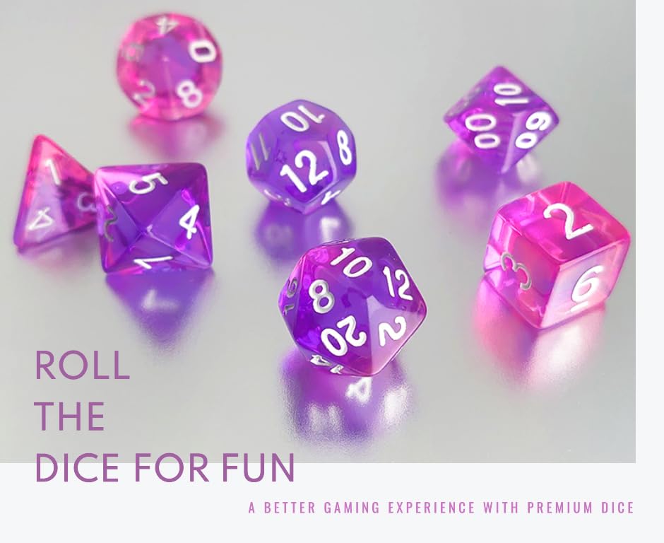 Purple DND Dice Set, Pop Color D&D Dice (Clear Purple-Pink) | Polyhedral Dice Set for DND Accessories, Dungeons and Dragons, Role Playing Games, MTG, CoC, TTRPGs – D20 System Games - color: Clear Purple & Pink